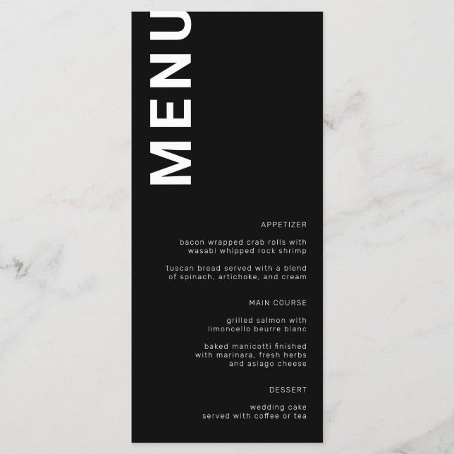 Menu de Casamento Negro Mínimo das Letras Negras (Frente)