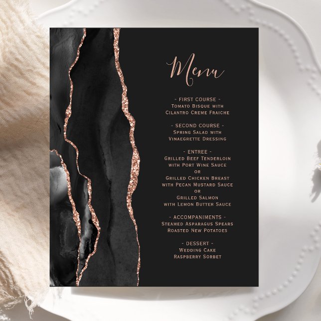Menu de Casamento Negro Rosa Dourado de Agate Dark (Criador carregado)