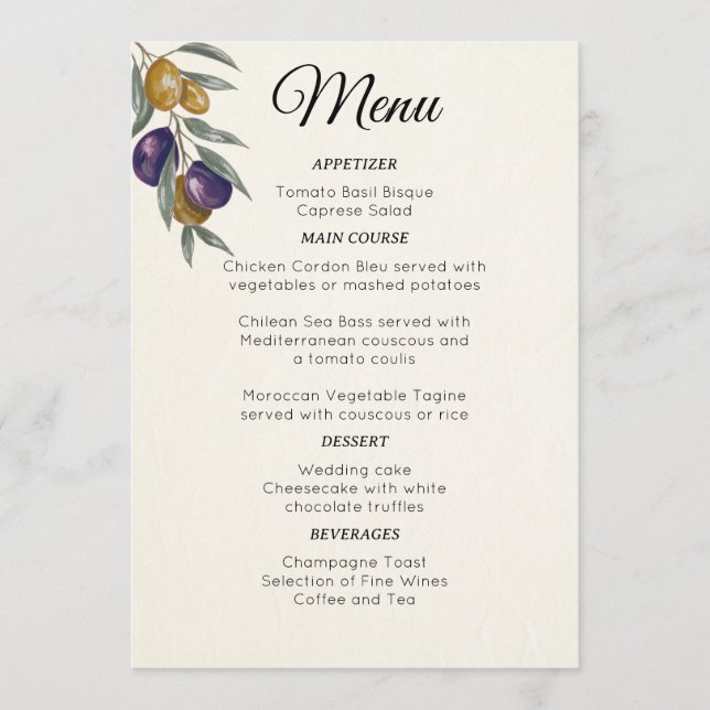 Menu de Casamento Oleícola Elegante Watercolor (Frente)