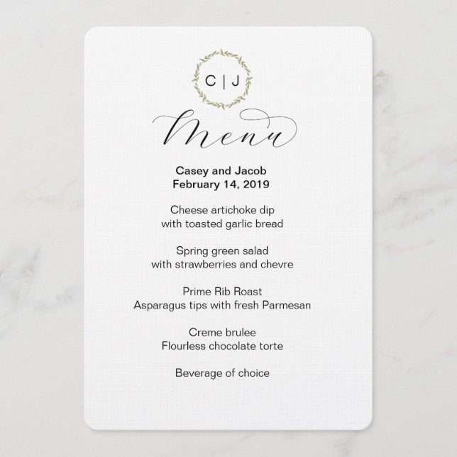 Menu de Casamento ou Evento Iniciais do Monograma (Frente)