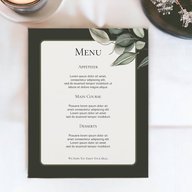 Menu de Casamento Personalizado da Folhagem Verde  (Muted Green Foliage Personalized Wedding Menus from Ricaso)