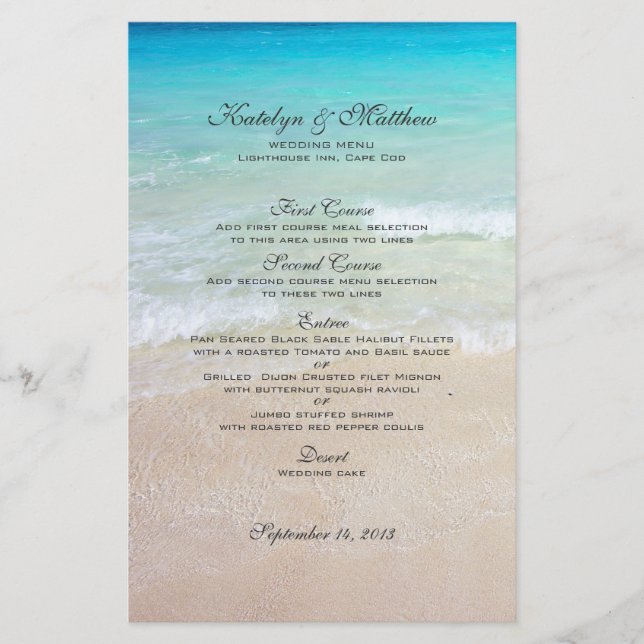 Menu de Casamento Personalizado de Praia de Três Á (Frente)