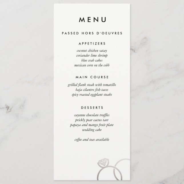 Menu de Casamento Personalizado dos Anéis de Prata (Frente)