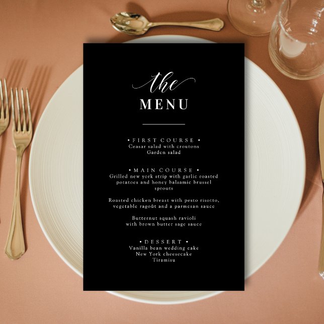 Menu de Casamento Personalizado Elegante Preto e B (Elegant black and white wedding menu brings a refined, custom feel to each place setting)