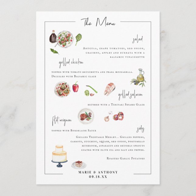 Menu de Casamento Personalizado Ilustrado (Frente)