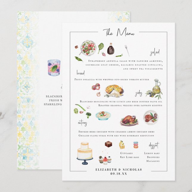 Menu de Casamento Personalizado Ilustrado (Frente/Verso)