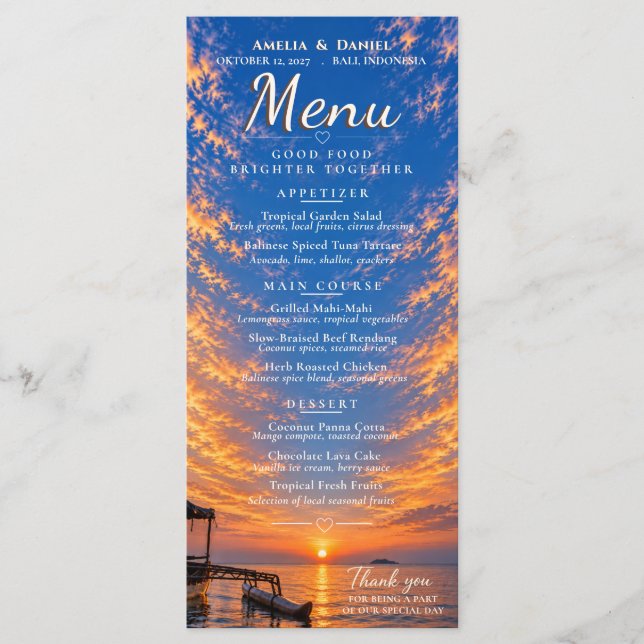 Menu de Casamento Personalizado Pôr do Sol (Frente)