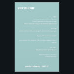 Menu de Casamento Personalizado Simples Azul Aqua<br><div class="desc">Ponha o tom para uma experiência elegante de jantar de casamento com este cartão de cardápio de na moda. Apresentando um sofisticado fundo azul aqua e uma tipografia branca limpa, este menu personalizável destaca os nomes do casal e a data do casamento. Perfeito para recepções, jantadas de ensaio, ou chás...</div>