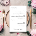Menu de Casamento Personalizado Simples Preto-Bran<br><div class="desc">Menu de Casamento Personalizado Simples,  Retrorado Branco Mínimo e Branco Branco Baixo</div>