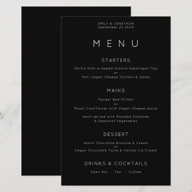 Menu de Casamento Preto Branco da Tipografia Simpl (Frente/Verso)