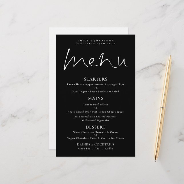 Menu de Casamento Preto Branco de Script Na moda d (Frente/Verso In Situ)
