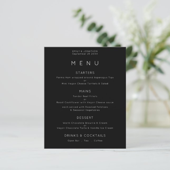 Menu de Casamento Preto Branco de Texto Simples do (Em pé/Frente)