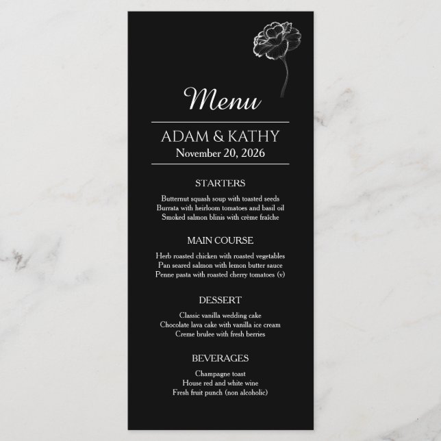 Menu de Casamento Preto Branco Minimalista Elegant (Frente)