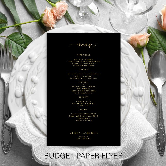 Menu de casamento preto com script dourado simples (Criador carregado)
