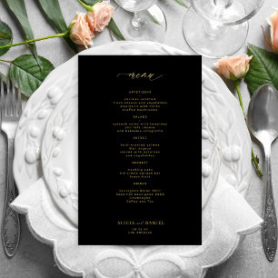 Menu de casamento preto com script simples de ouro