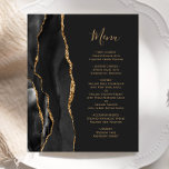 Menu de Casamento Preto de Agato Dourado Escuro<br><div class="desc">A borda esquerda deste elegante cardápio moderno de casamento apresenta uma coloração aquosa preta, borda agitada, aparada com falso brilho dourado. O texto personalizável combina o script de manuscrito dourado e as fontes de impressão em um plano de fundo off-black. O verso apresenta um design de agate preto e dourado...</div>