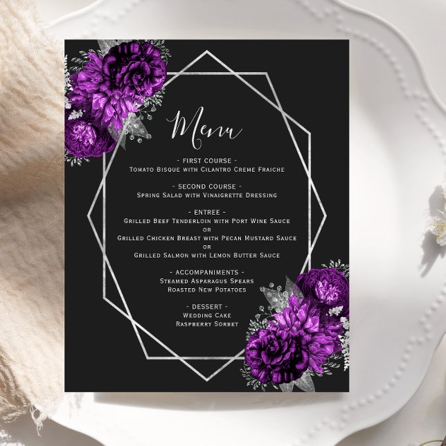 Menu de Casamento Preto de Prata Floral Roxo (Criador carregado)