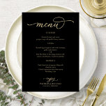Menu de Casamento Preto de Script Dourado Elegante<br><div class="desc">Um simples cartão de casamento de caligrafia. Eu ofereço um serviço de personalização gratuito; se você tiver perguntas ou solicitações especiais,  por favor,  sinta-se à vontade para me contactar.</div>