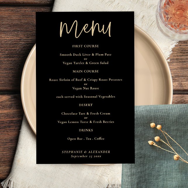 Menu de Casamento Preto do Script Dourado Elegante (Criador carregado)