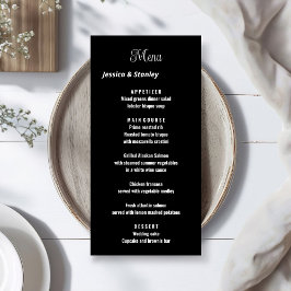 Menu de casamento preto e branco com guião minimal
