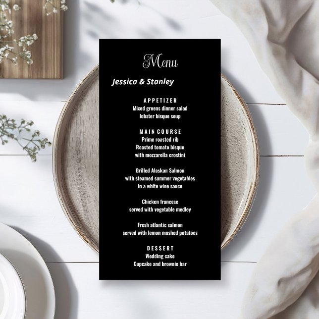 Menu de casamento preto e branco com guião minimal (Criador carregado)