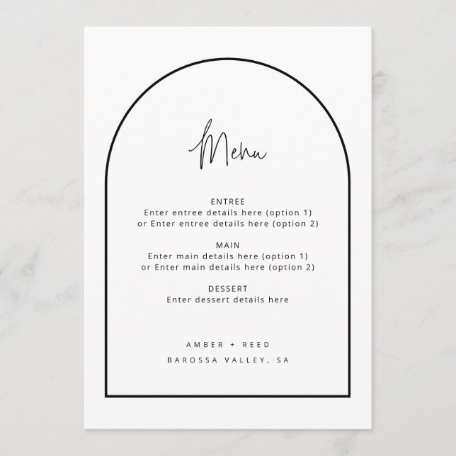 Menu de Casamento Preto e Branco com Script de Arc (Frente)