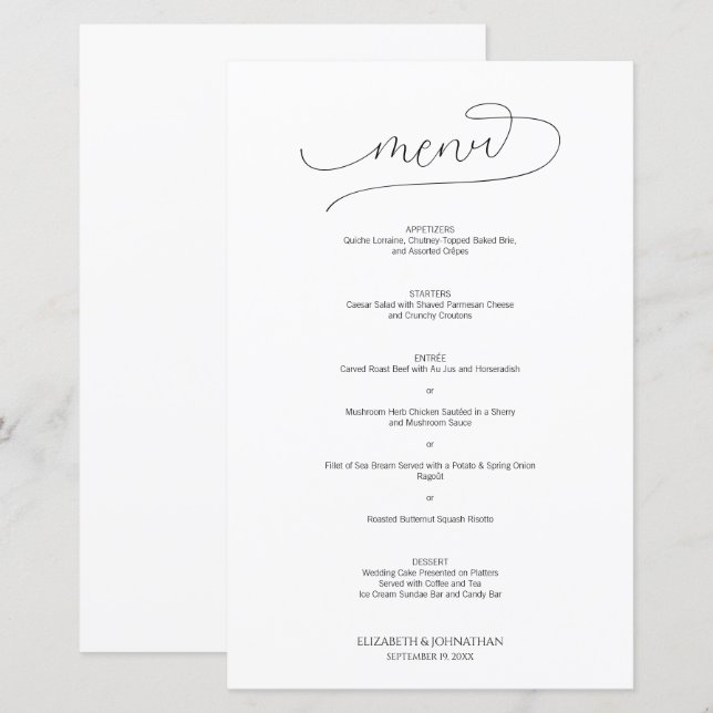 Menu de Casamento Preto e Branco com Script Mínimo (Frente/Verso)