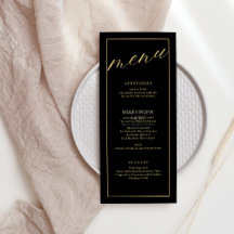 Menu de Casamento Preto e Branco Elegante com scri