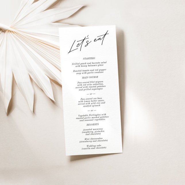 Menu de Casamento Preto e Branco Elegante "Eat de  ("Let's Eat" Simple Elegant Black Wedding Menu)