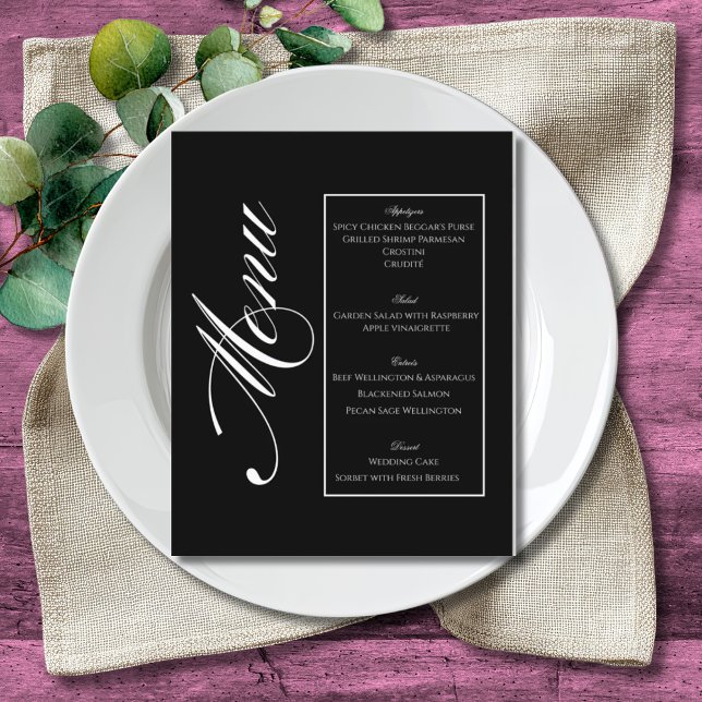 Menu de Casamento Preto e Branco Minimalista Elega (Criador carregado)