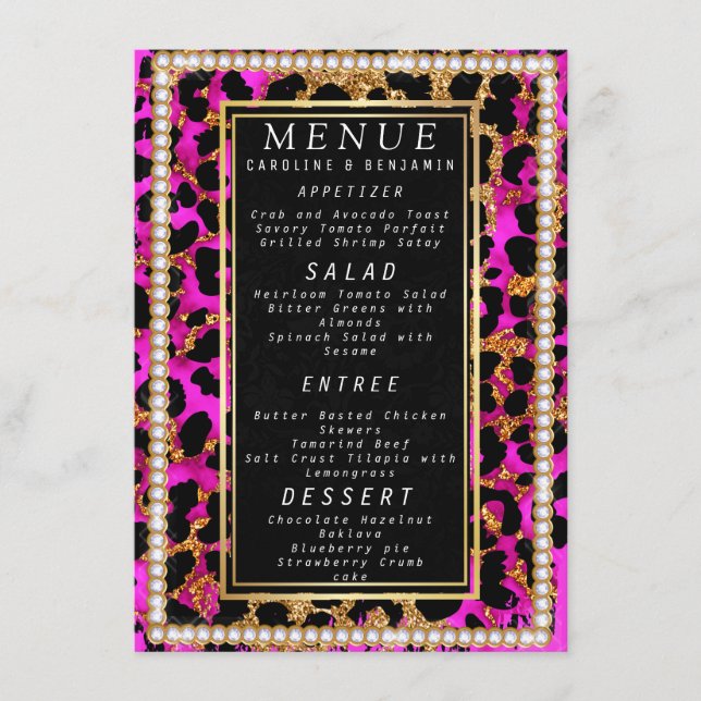 Menu de casamento preto e rosa Dourado Clássico (Frente)