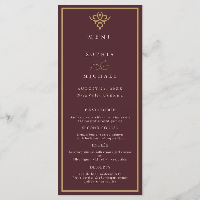 Menu de casamento raso em burgundy Old Money (Frente)