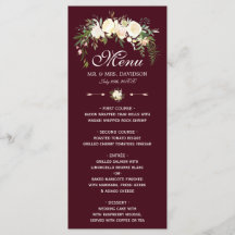 Menu de Casamento Real Ivory Floral Crest Burgundy