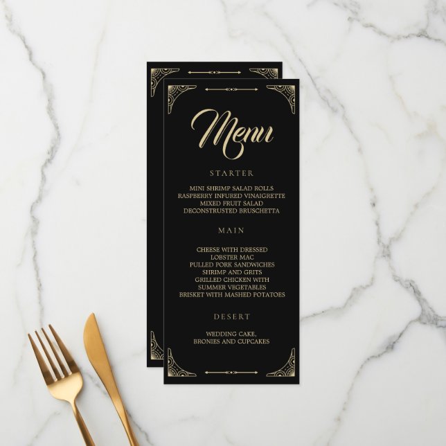 Menu de Casamento - Retro Dourado Deco Elegante Pr (Frente/Verso In Situ)