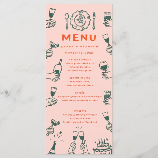 Menu de Casamento Retroativo desenhado à mão (Frente)
