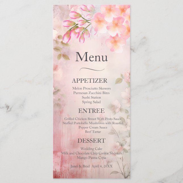 Menu de Casamento Romântico Floral Rosa (Frente)