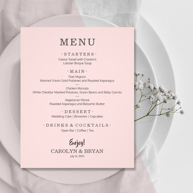 Menu de Casamento Rosa Elegante Simples do Orçamen (Criador carregado)
