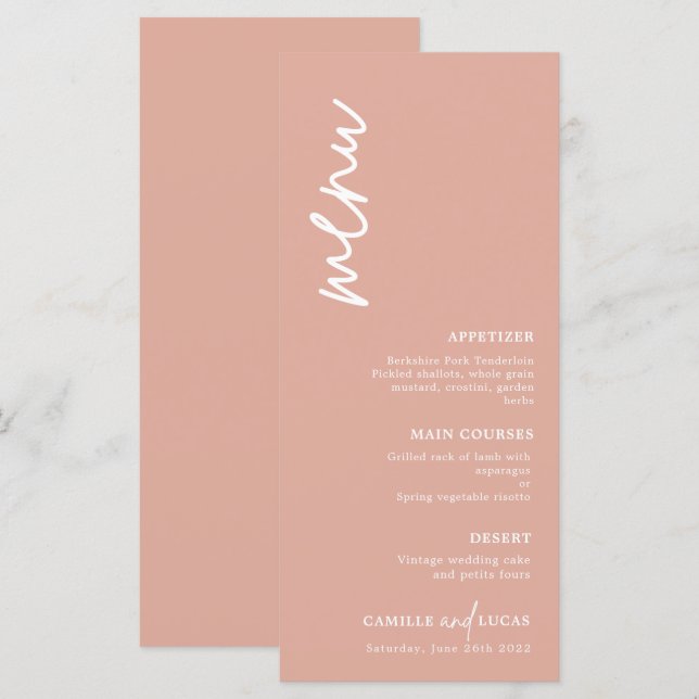 Menu de Casamento Rosa Migrado Minimalista (Frente/Verso)