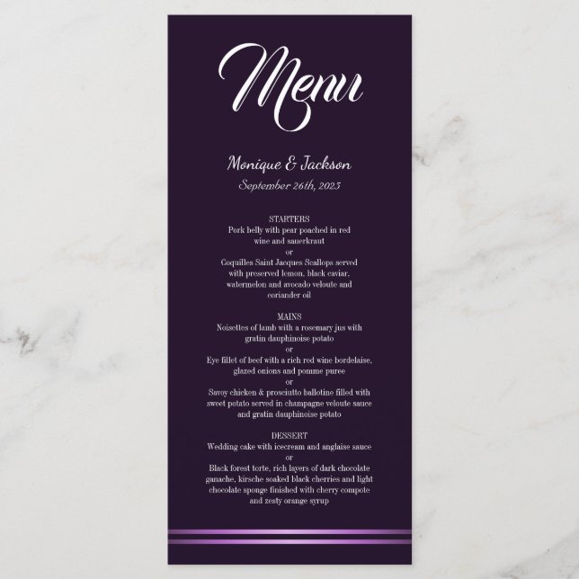 Menu de Casamento Roxo Moderno Minimalista (Frente)