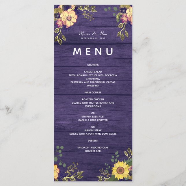 Menu de Casamento Russo das Flores Roxas (Frente)