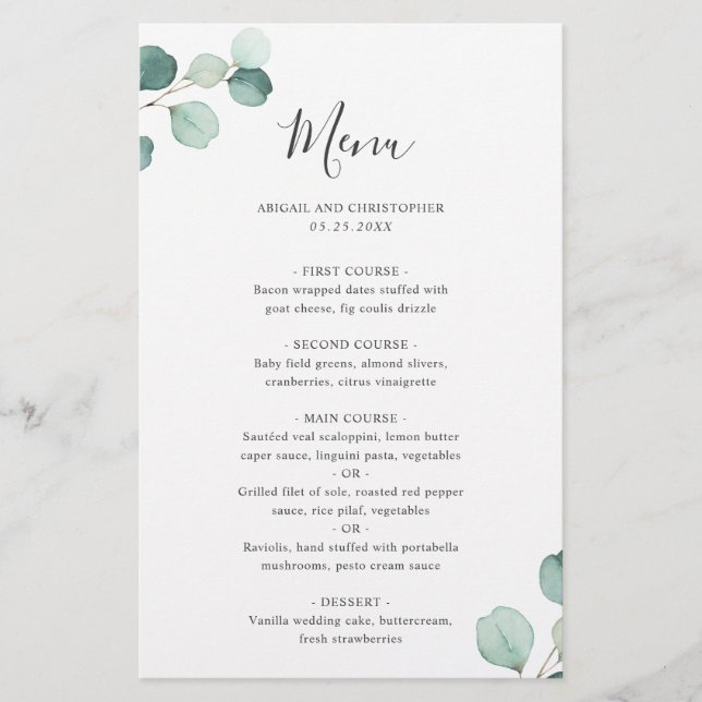 Menu de Casamento Russo Eucalyptus Elegante Simple (Frente)