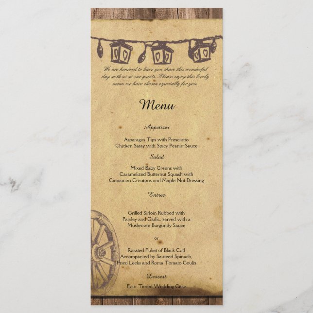 Menu de Casamento Rustic Barn Wood Lantern (Frente)