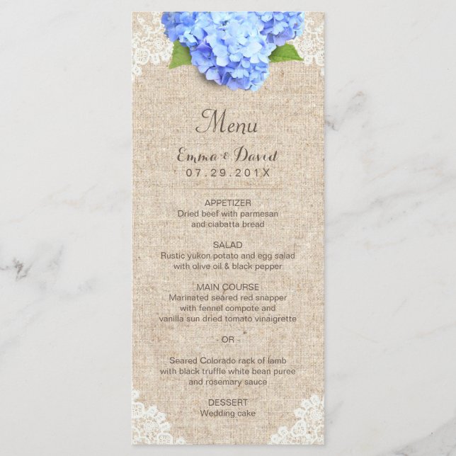 Menu de Casamento Rustic Blue Hydrangea Lace & Bur (Frente)