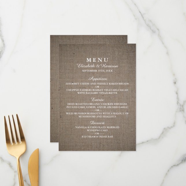 Menu de Casamento Rustic Burlap (Frente/Verso In Situ)