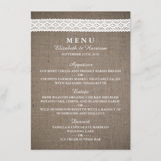 Menu de Casamento Rustic Burlap & Vintage White La (Frente)