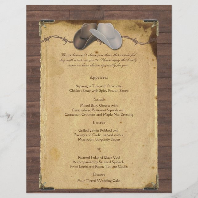 Menu de Casamento Rustic Country Cowboy Hats (Frente)
