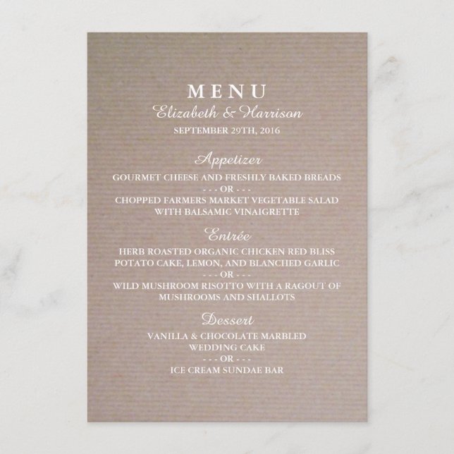 Menu de Casamento Rustic Country Kraft (Frente)