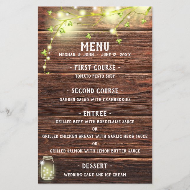 Menu de Casamento Rustic Country Wood Mason Jar Li (Frente)