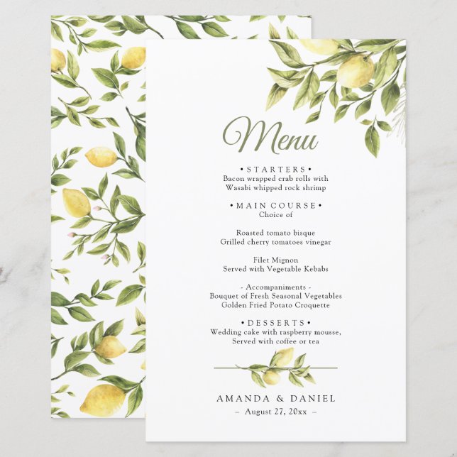 Menu de Casamento Rustic Greenery Lemons (Frente/Verso)