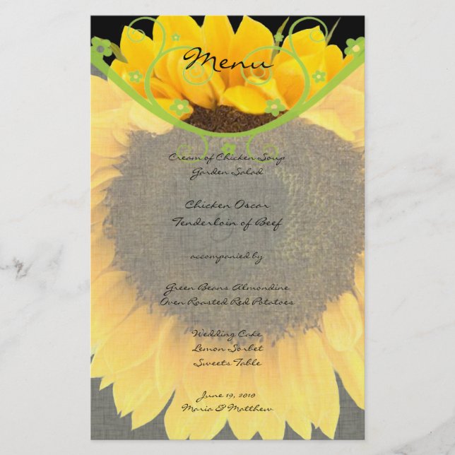 Menu de Casamento Rustic Greenery Sunflower Barn (Frente)